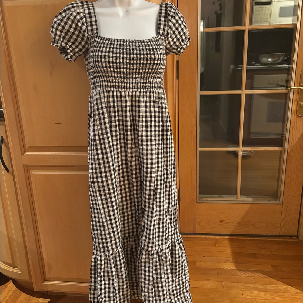 Black & White Gingham Smocked Maxi Dress with Puff Sleeves